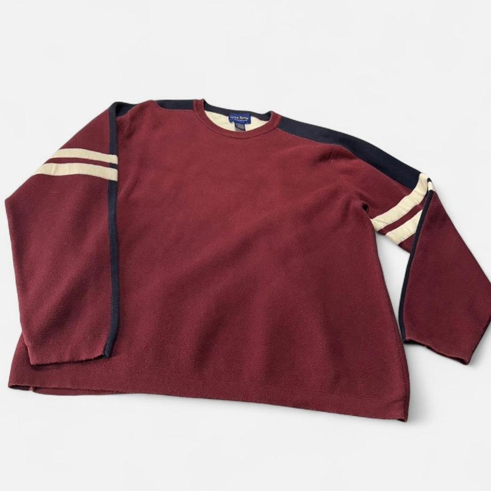 Club Room Mens Cotton Crewneck Sweater Burgundy Red Navy Stripe Large